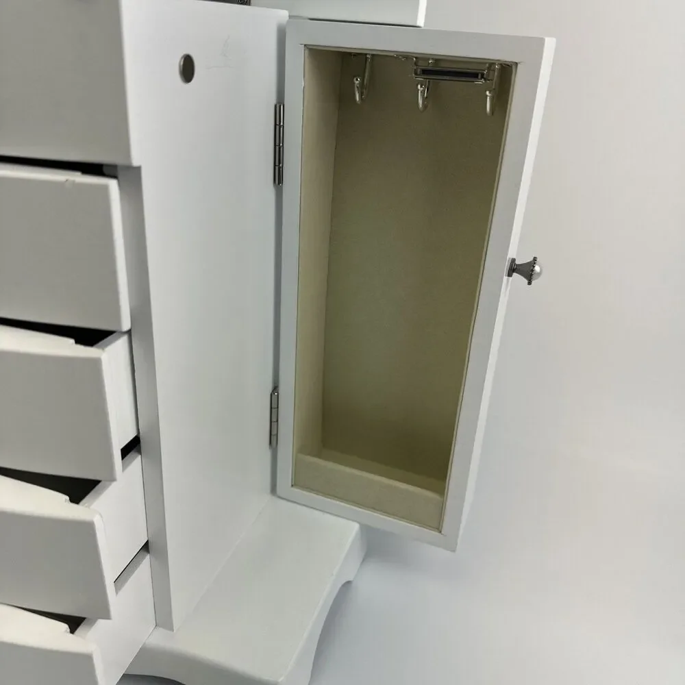 White Solid Wood Jewelry Box Tower Style 4 Drawers Organizer Side Doors Necklace